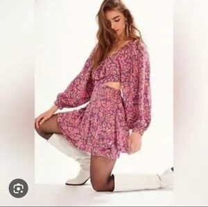 Sky To Moon Pink Floral Cutout Dress with Long Sleeves L